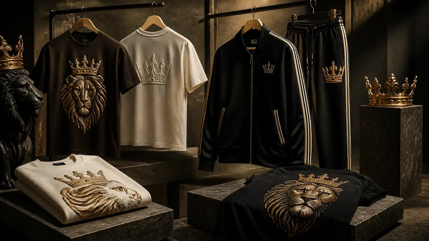 Four Kings clothing collection with crowned lion graphic tees and a black tracksuit
